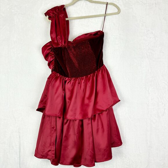 Endless Rose One Shoulder Satin Mini Dress Size Large NEW Burgundy Velvet - Picture 4 of 8